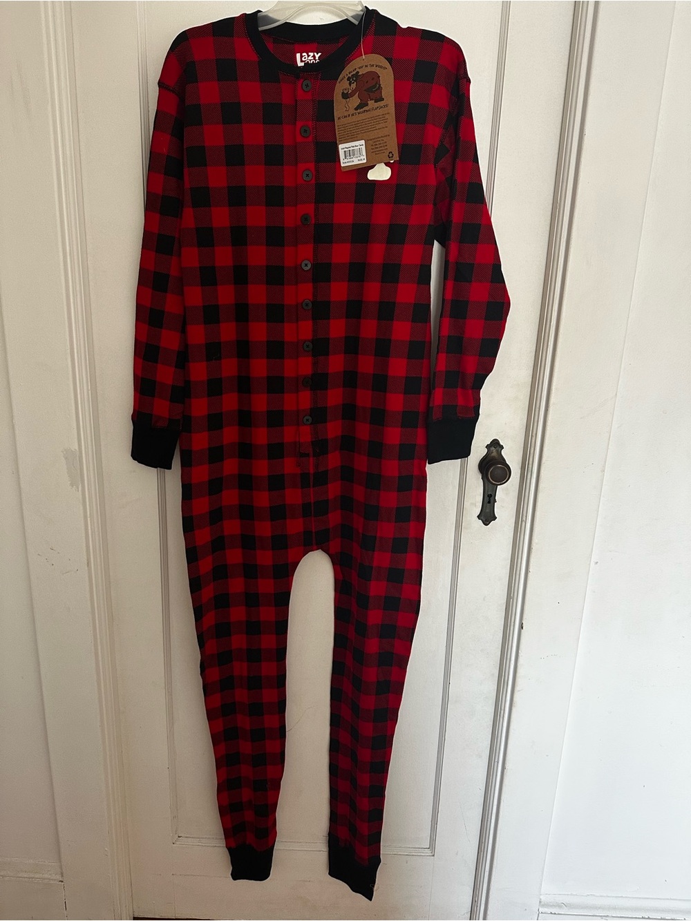 Lazy One Adult Red and Black Buffalo Plaid One-Piece Pajama Romper